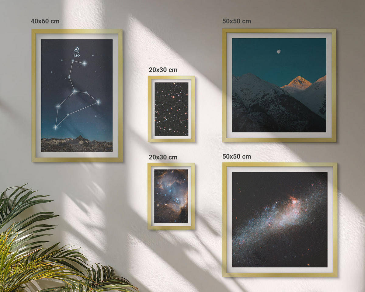 BILDER SET 5er Set - 50x50 cm & 20x30 cm & 40x60 cm Goldrahmen - Leo-Galaxie und Weltraum - Goldfarben, Kunststoff (40/60cm) - TULUP