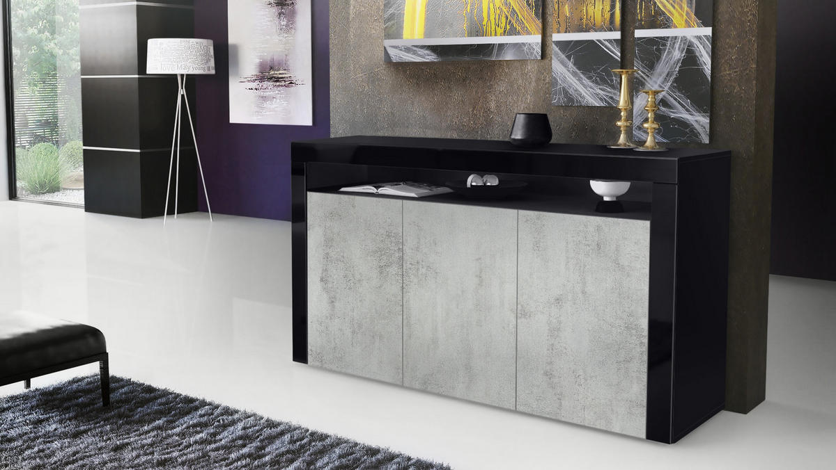 SIDEBOARD Valencia Beton Oxid Optik/ Schwarz Hochglanz - Hellgrau, Holzwerkstoff (155/92/40cm) - Vladon