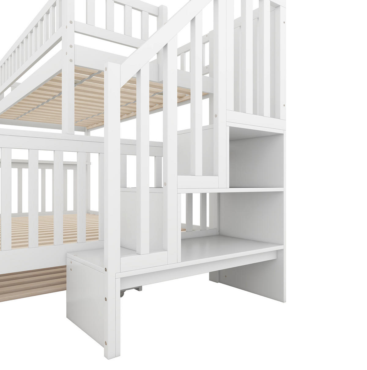 ETAGENBETT aus Kiefernholz und MDF 90x200/140x200 cm Weiß mit Ausziehbett, Stauraumtreppe und Lattenrost - Weiß, Holz (90/200cm) - IVMEU