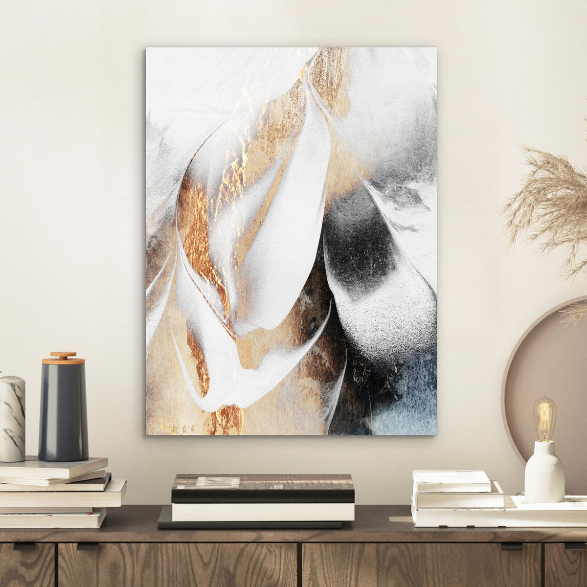 KOVOVÝ OBRAZ Luxusné - abstraktné - zlaté - biele 30x40 cm - zlatá, kov (30/40cm) - MuchoWow