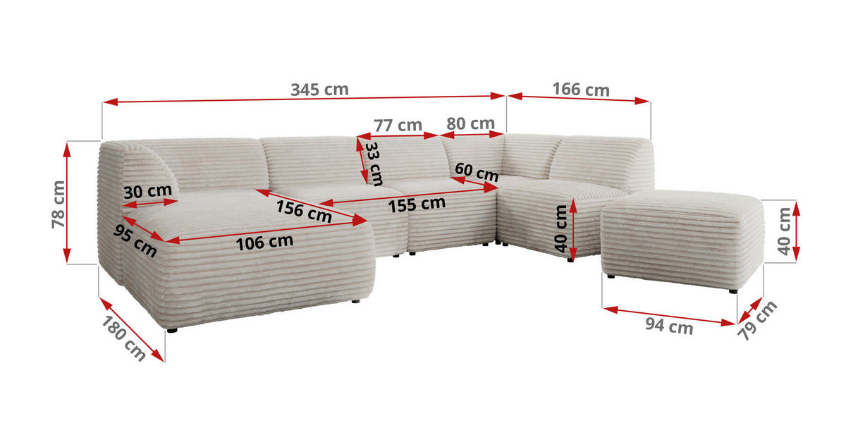 WOHNLANDSCHAFT MODARO U 6M - Beige Cord - Links - Beige/Schwarz, Textil (180/78/345cm) - MKS
