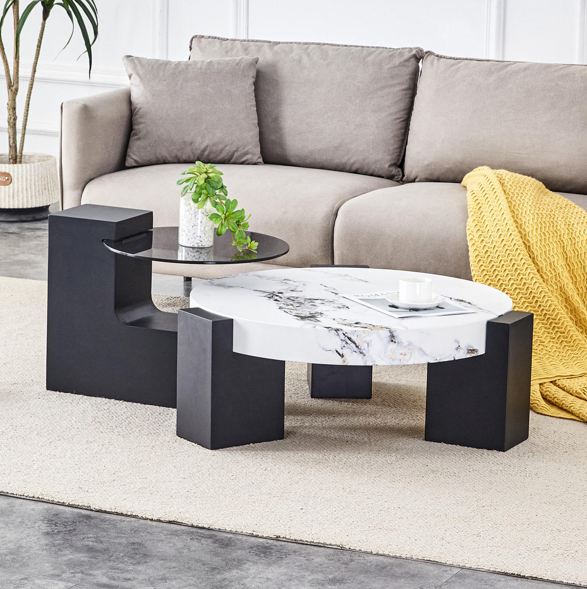 BEISTELLTISCH 61/30 cm Weiß/Schwarz aus MDF und Glas zerlegbar 2er Set - Schwarz, Holzwerkstoff (61/61/30cm) - OKMYHOME