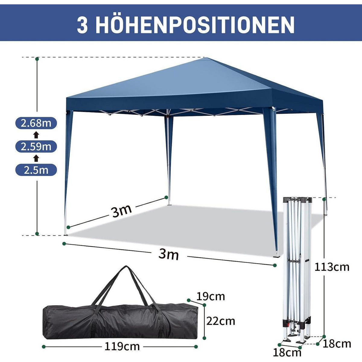 FALTPAVILLON 3 x 3 m Blau mit 4 Seitenteilen - Blau, Textil (300/259/300cm)
