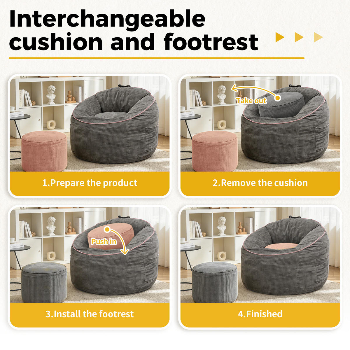 SITZSACK mit Seitentasche und Hocker Grau Flanell - Grau, Kunststoff (95/80/103cm) - Meubliv