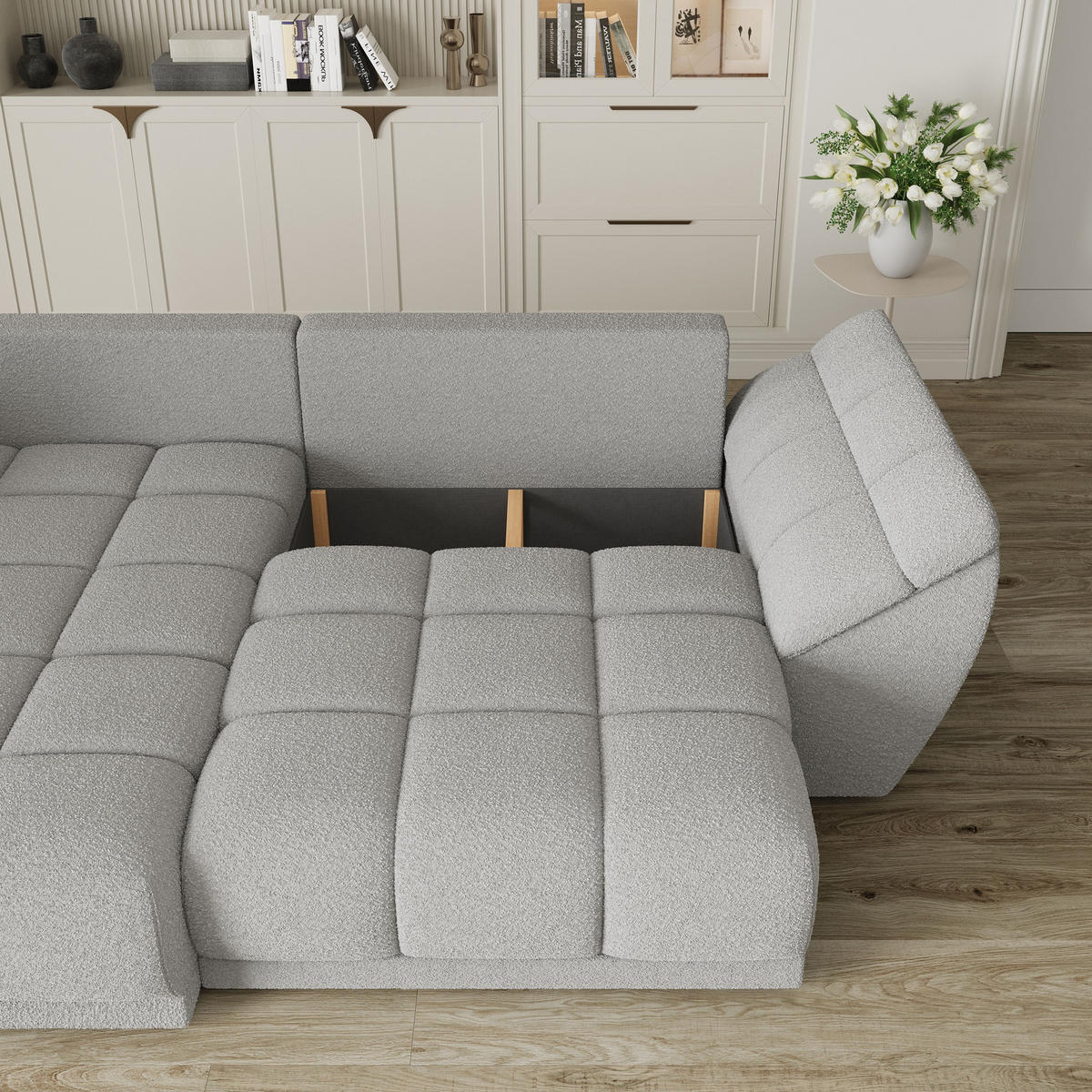 ECKSOFA ORENTI L-S Orange Boucle-Stoff mit Schlaffunktion - Orange, Holz (287/182cm) - MASSENO