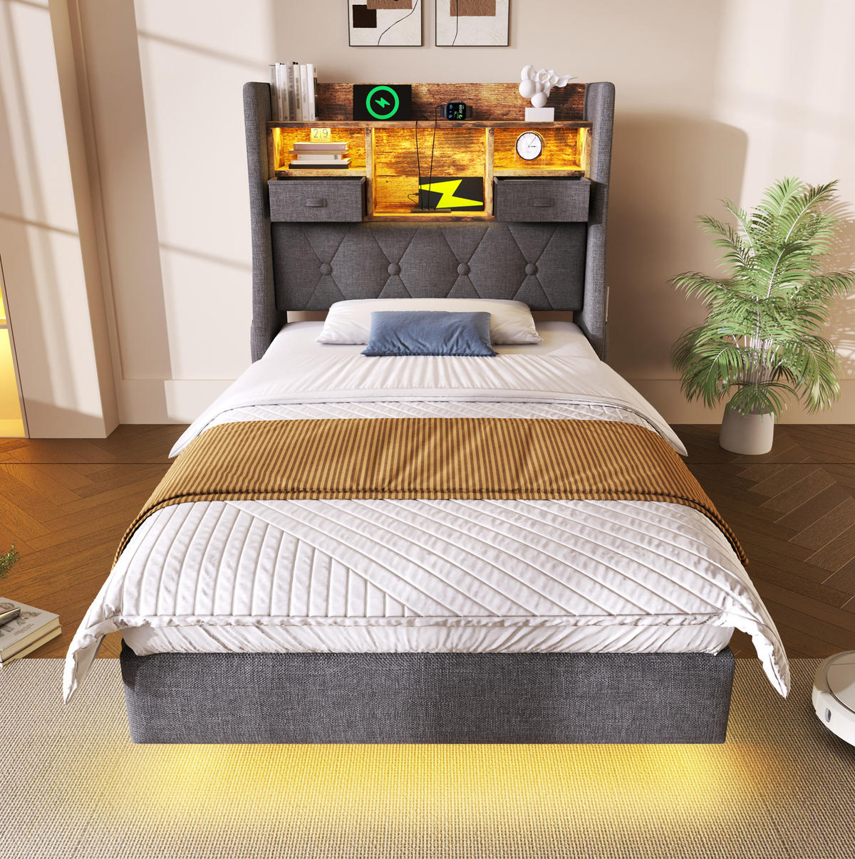POLSTERBETT 90/200 cm aus Leinen mit LED-Beleuchtung, USB- und Type-C-Anschluss, Stauraum-Kopfteil, Grau - Grau, Textil (90/200cm) - Redom