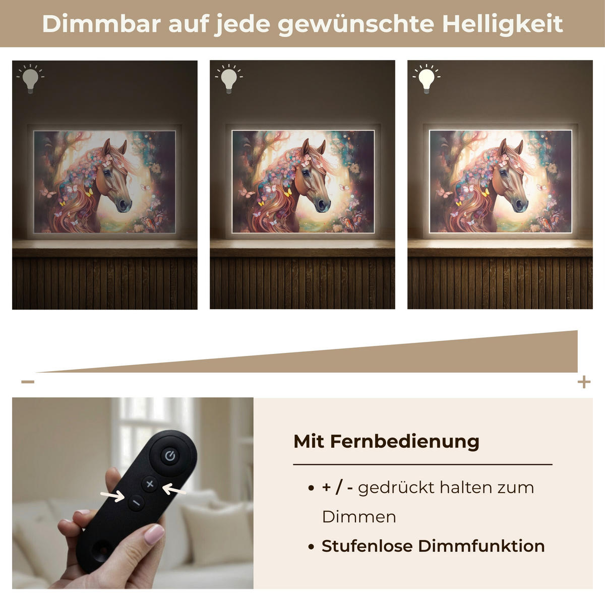 NACHTTISCHLAMPE MIT AKKU Pferd - Natur - Blumen - Schmetterlinge - Wald 40x30 cm - Dunkelbraun, Holzwerkstoff (8/40/30cm) - OnlyWow