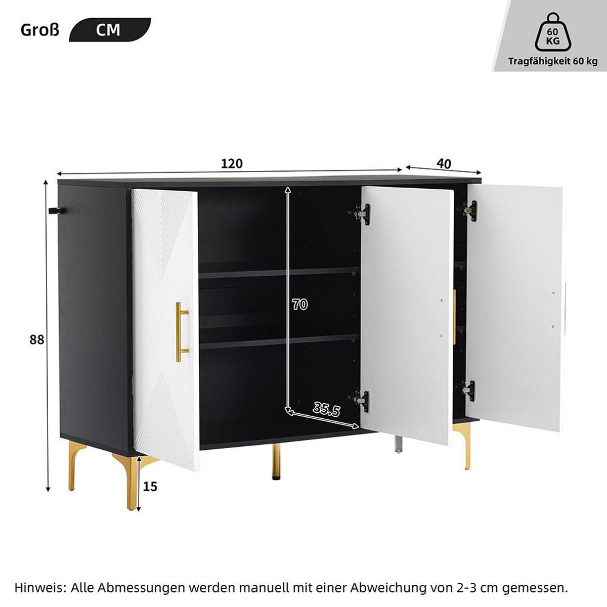 SIDEBOARD mit goldenen Griffen und goldenen Beinen - Weiß, Holz (40/88/20cm) - KOMHTOM