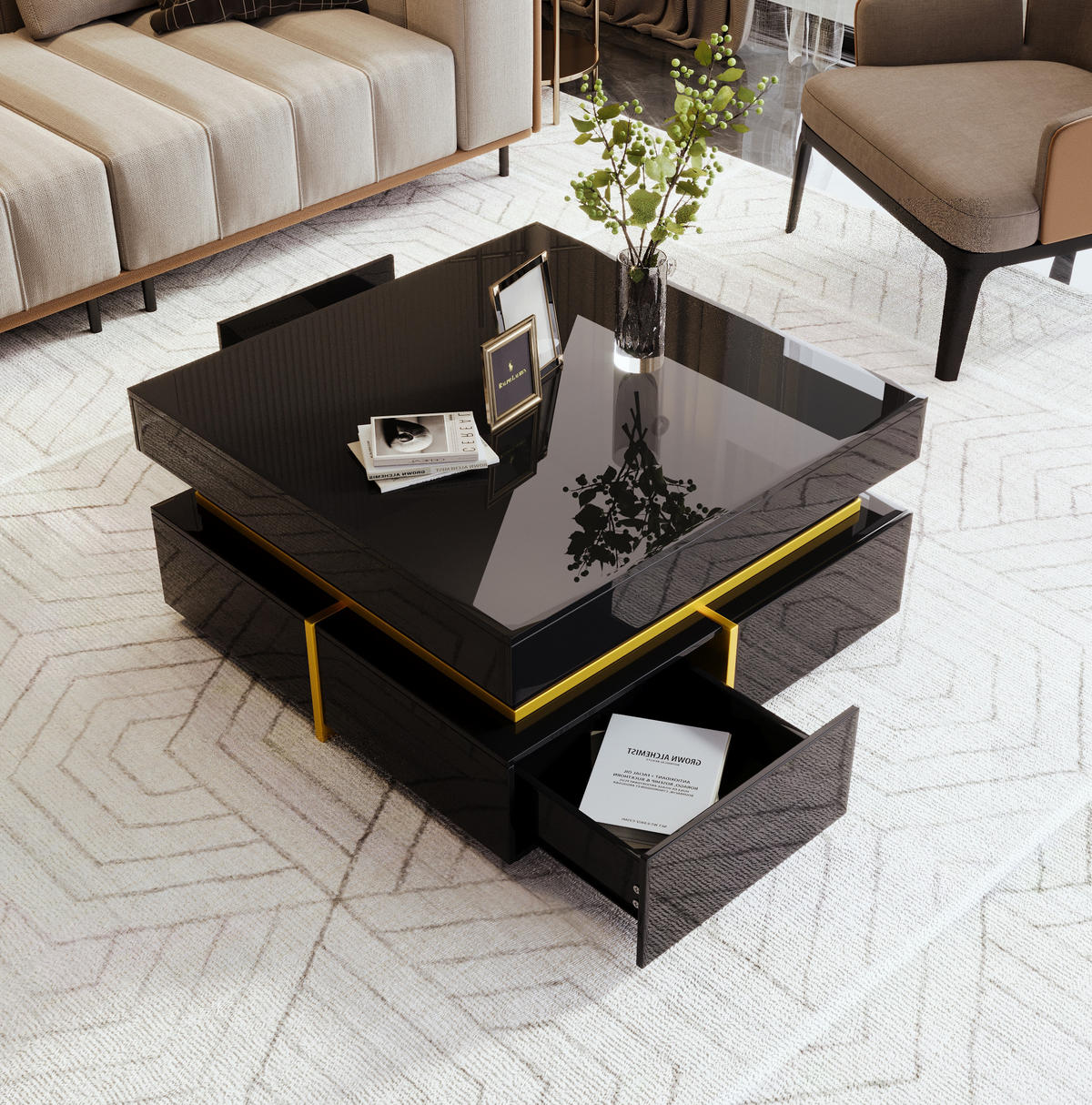 COUCHTISCH 70/70/35.5 cm schwarz aus Spanplatte mit Hochglanz-Finish und goldenen Akzenten - Schwarz, Holzwerkstoff (70/70/35.5cm) - OKMYHOME