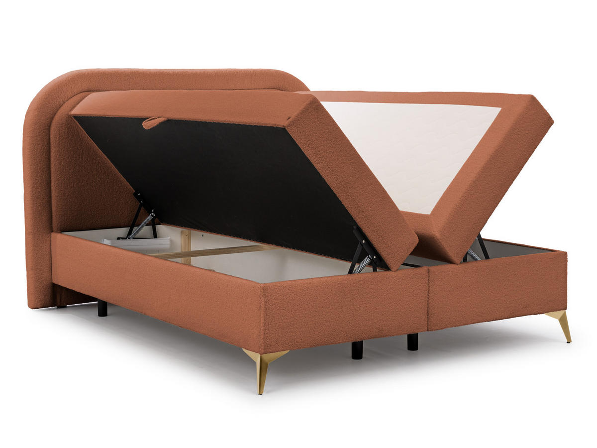 BOXBETT Sonna 200/200 cm Terrakotta Bouclé-Stoff mit abgerundetem Kopfteil und mit goldenen Metallfüßen - Terra cotta/Goldfarben, Holz/Textil (200/200cm) - S-Style Möbel