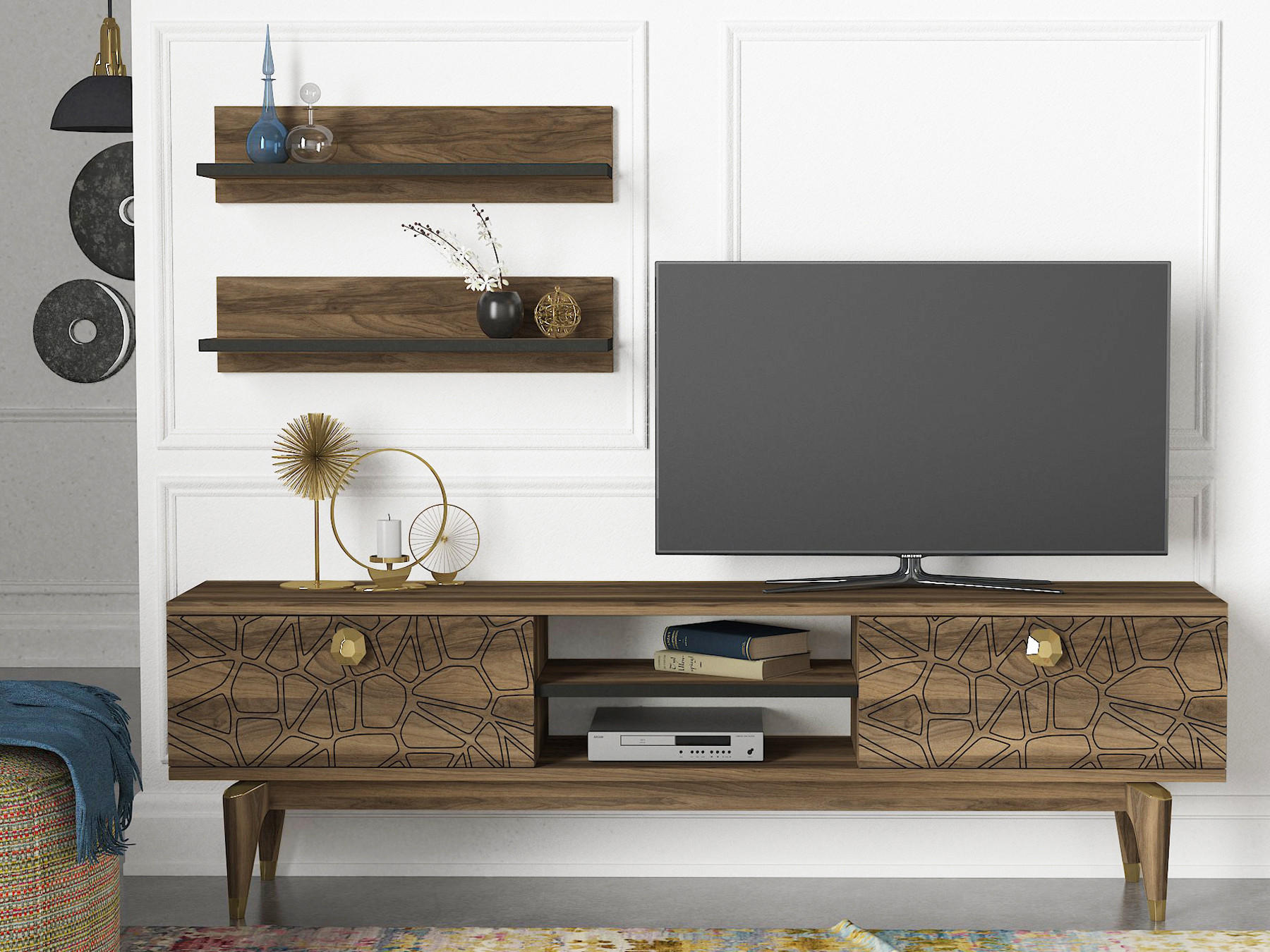 WOHNWAND Royal Walnuss - Goldfarben/Walnussfarben, Holzwerkstoff/Kunststoff (150/45.5/30cm) - moebel17