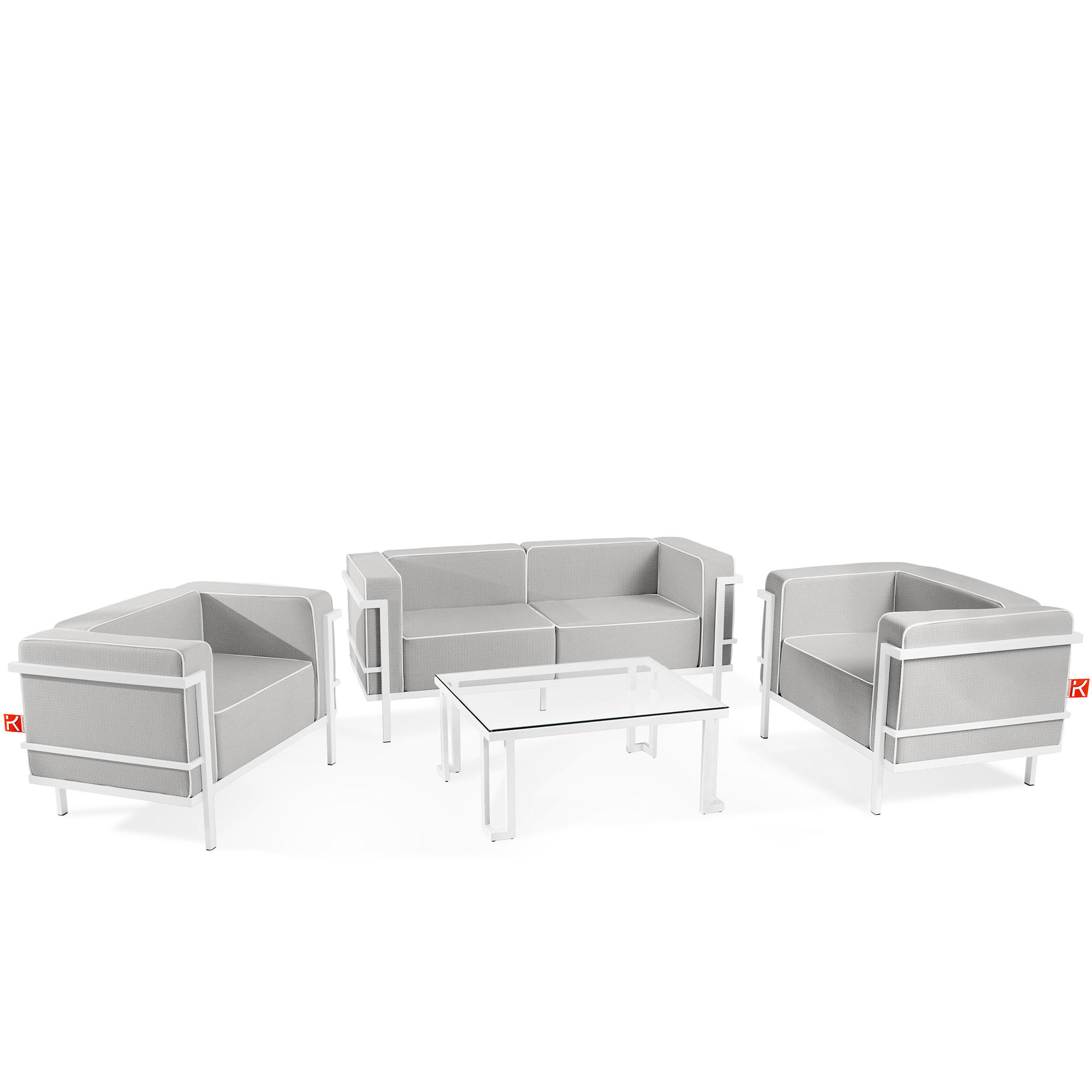 GARTENLOUNGE-SET TRIGLO 4-tlg., 1x Tisch, 2x Sessel, 1x Sofa 2-Sitzer, Modern, Weiß - Dunkelgrau/Weiß, Glas/Textil - KONSIMO®