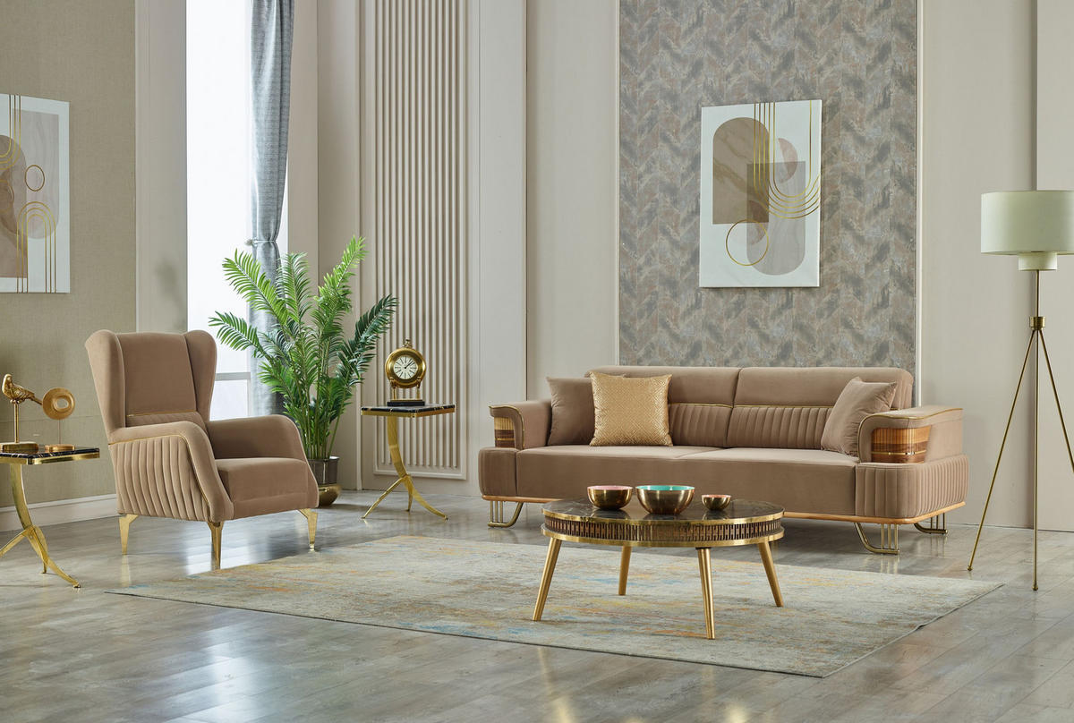 SITZGARNITUR Braga Hellbraun Stellvariante:2+1 - Beige, Holz (170/85/95cm) - Villa Möbel