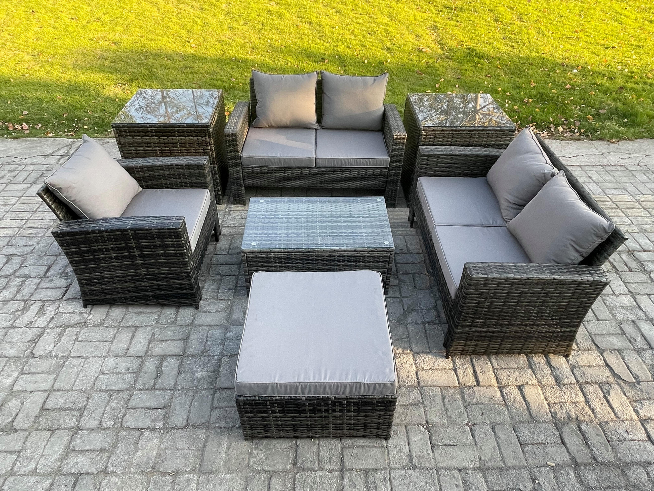 GARTENMÖBELSET mit Hockern Polyrattan Dunkelgrau 6-Sitzer - Dunkelgrau, Metall - Fimous