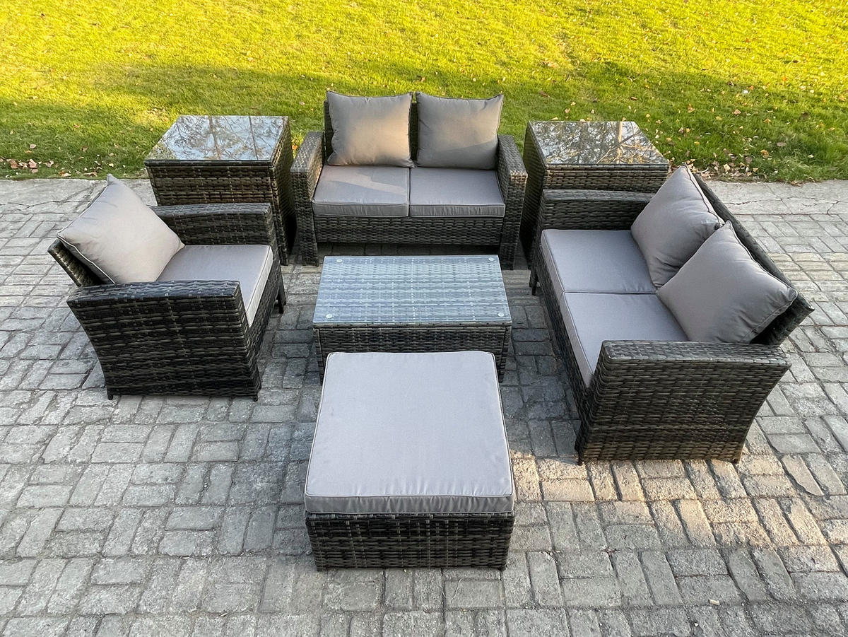 GARTENMÖBELSET mit Hockern Polyrattan Dunkelgrau 6-Sitzer - Dunkelgrau, Metall - Fimous