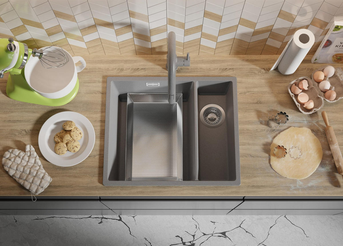 SPÜLBECKEN London Slim Duo, 2-er set Grau 56/47 cm 1,5 Becken + Ablauf-Set ab 60er Unterschrank - Chromfarben/Grau, Kunststoff (56/20/47cm) - Primagran