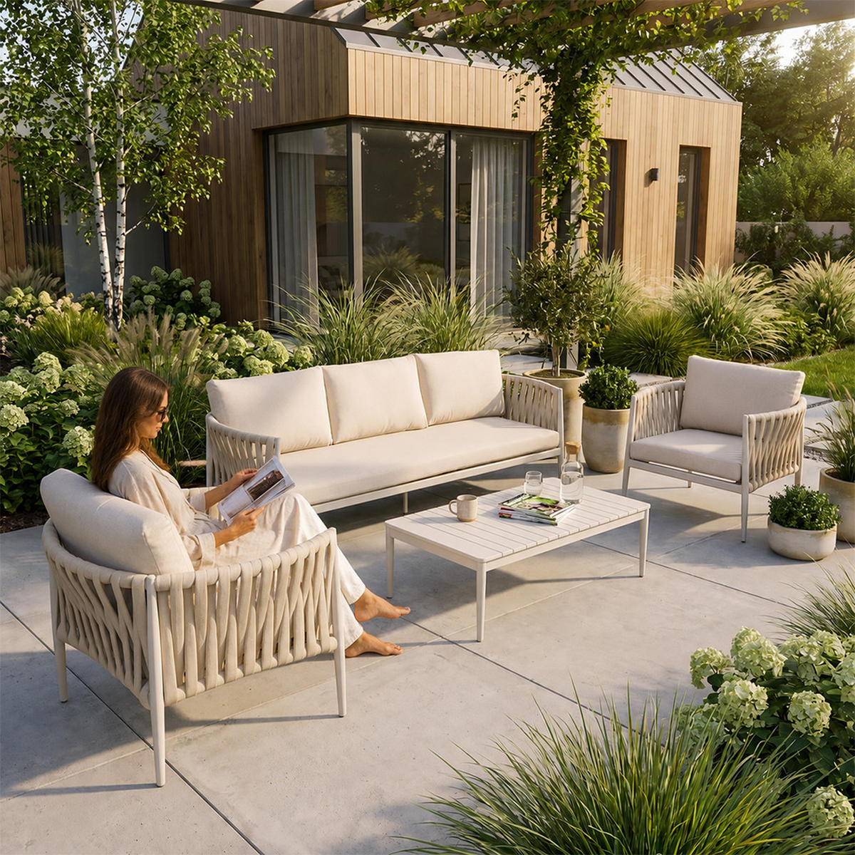 ZAHRADNÍ SADA Riviera se sofa, křesly a konferenčním stolkem, pro 5 osob, kovové nohy, béžová - béžová, kov - Beautysofa