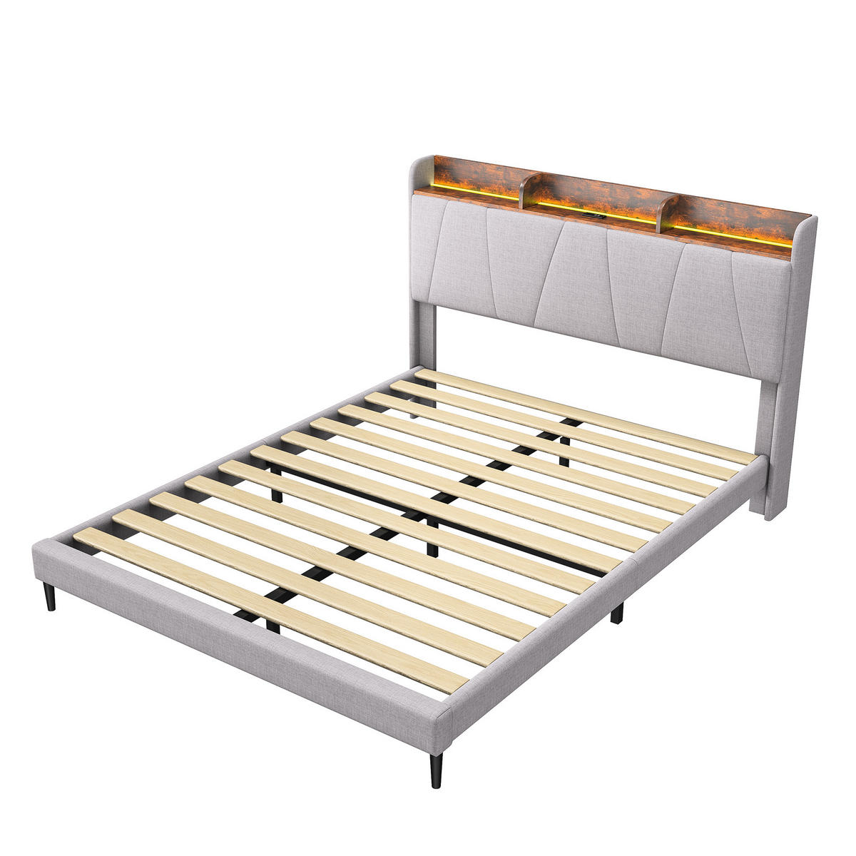 POLSTERBETT 140x200 cm LED Steckdose Lattenrost Leinen grau - Grau, Holz (140/200cm) - LEBENLANG