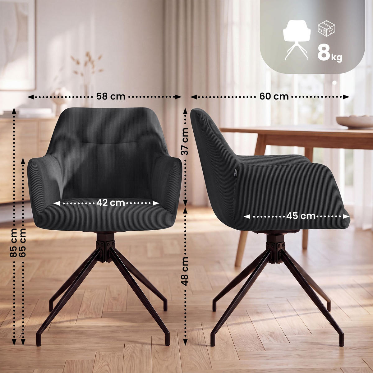 ESSZIMMERSTUHL Cord Dunkelgrau - Dunkelgrau/Schwarz, Textil/Metall (58/85/60cm) - CLP