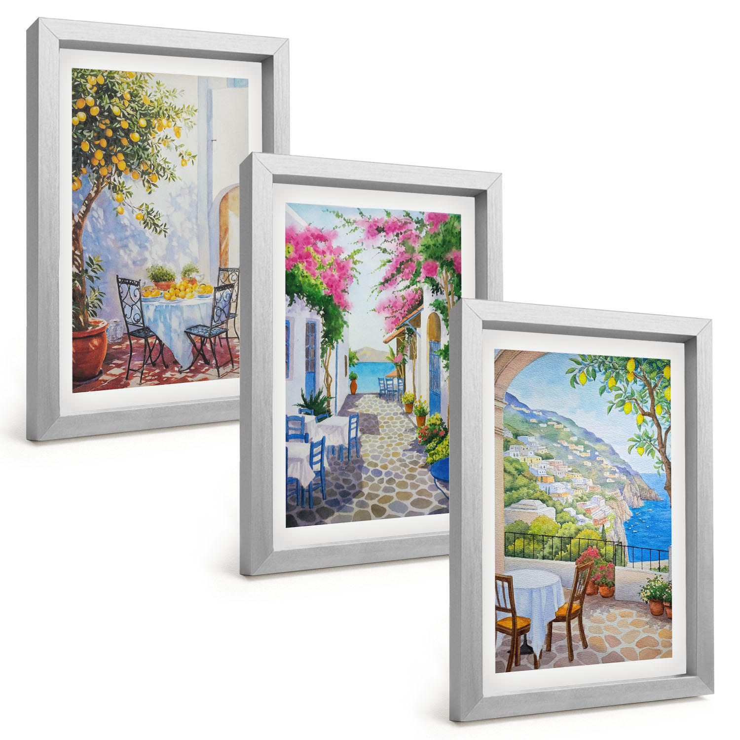 BILDER SET 3er Set - 20x30 cm Silberner Rahmen - Charmante Straßen, Pflanzen, Meer - Silberfarben, Kunststoff (20/30cm) - TULUP