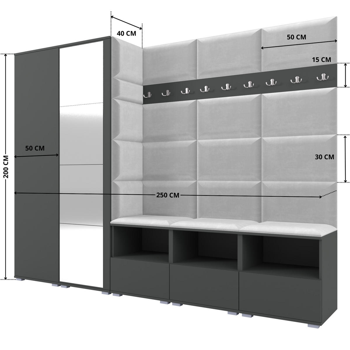 GARDEROBE NELA VII 250 cm (Modulare Flurmöbel XL Graphit mit Spiegel & Sitzpolster Hellgrau 32 Universell) - Silberfarben/Hellgrau, Holz/Holzwerkstoff (250/187/40cm) - Ravio