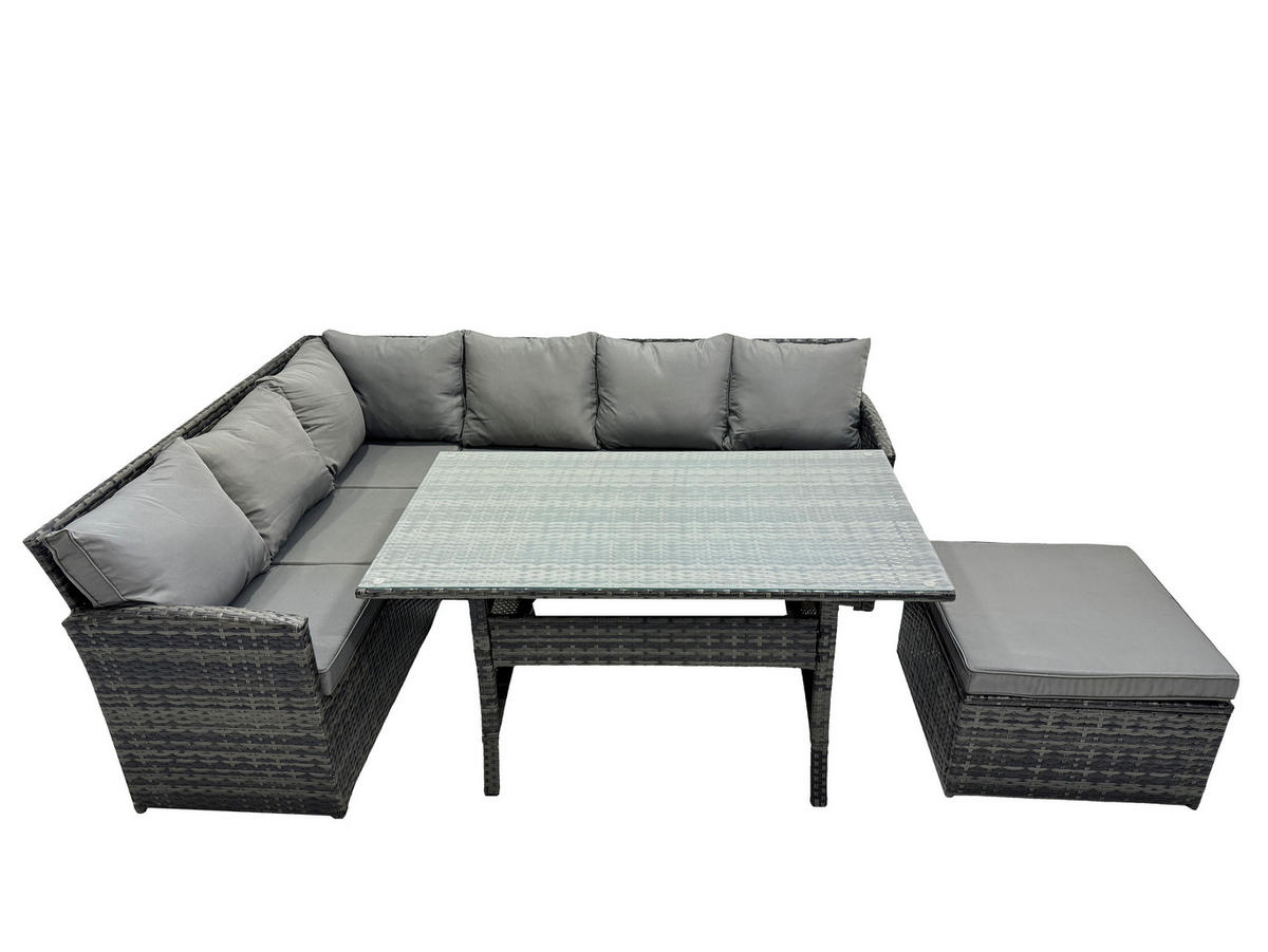 GARTENMÖBEL SET Polyrattan Dunkelgrau 7-Sitzer - Dunkelgrau/Grau, Glas/Kunststoff - Fimous