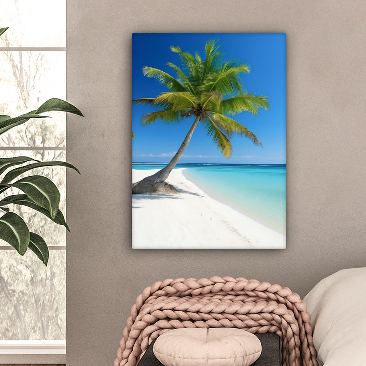 LEINWANDBILD Strand - Palme - Tropisch - Meer Wandbild Wohnzimmer 60x80 cm - Grün, Textil (60/80cm) - MuchoWow