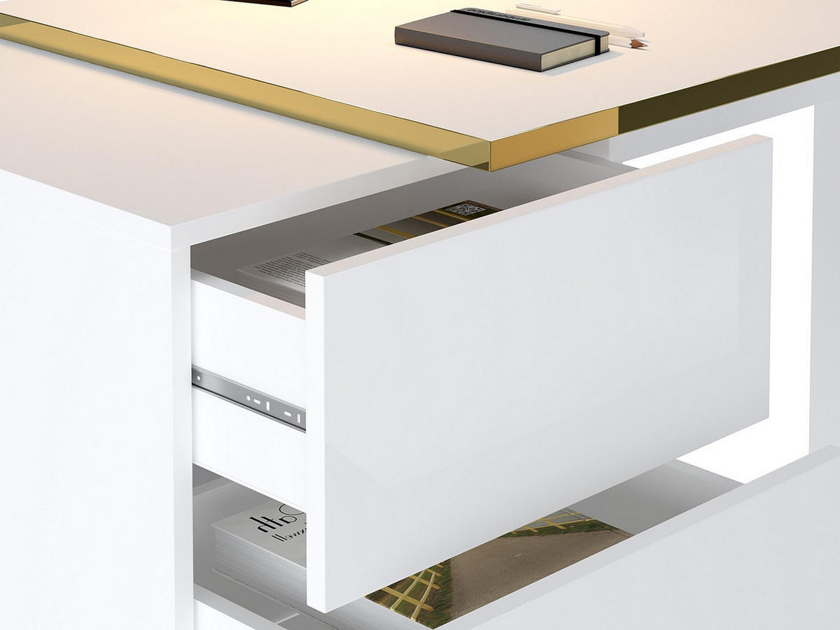 SCHREIBTISCH mit Schubladen - Weiß glänzend & Goldfarben - MARZIALO - Weiß, Holz (59/142.4/75.6cm) - Vente-Unique