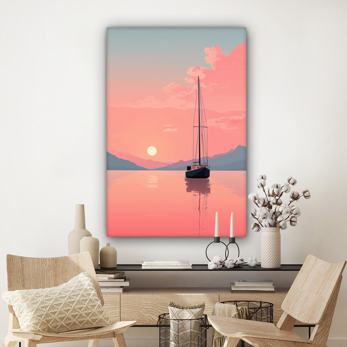 LEINWANDBILD Segelboot - Rosa Meer - Sonnenuntergang - Berge Deko Groß 90x140 cm - Rosa, Textil (90/140cm) - MuchoWow