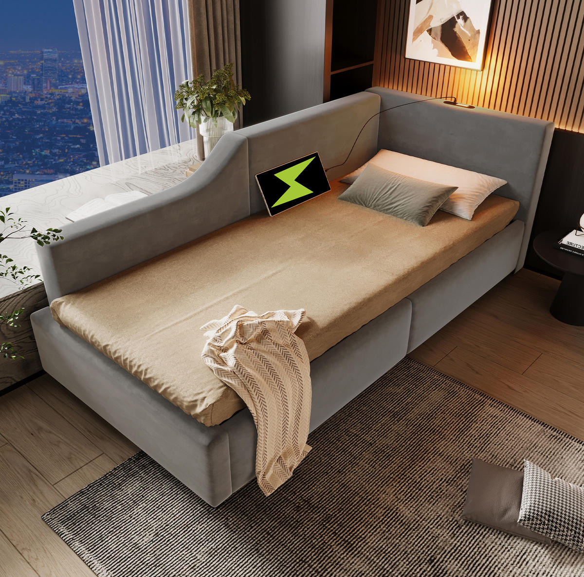 SAMT-POLSTERBETT 90/200 cm mit Bettkasten, USB-C und Leselicht in Grau - Grau, Textil (90/200cm) - BEAOK