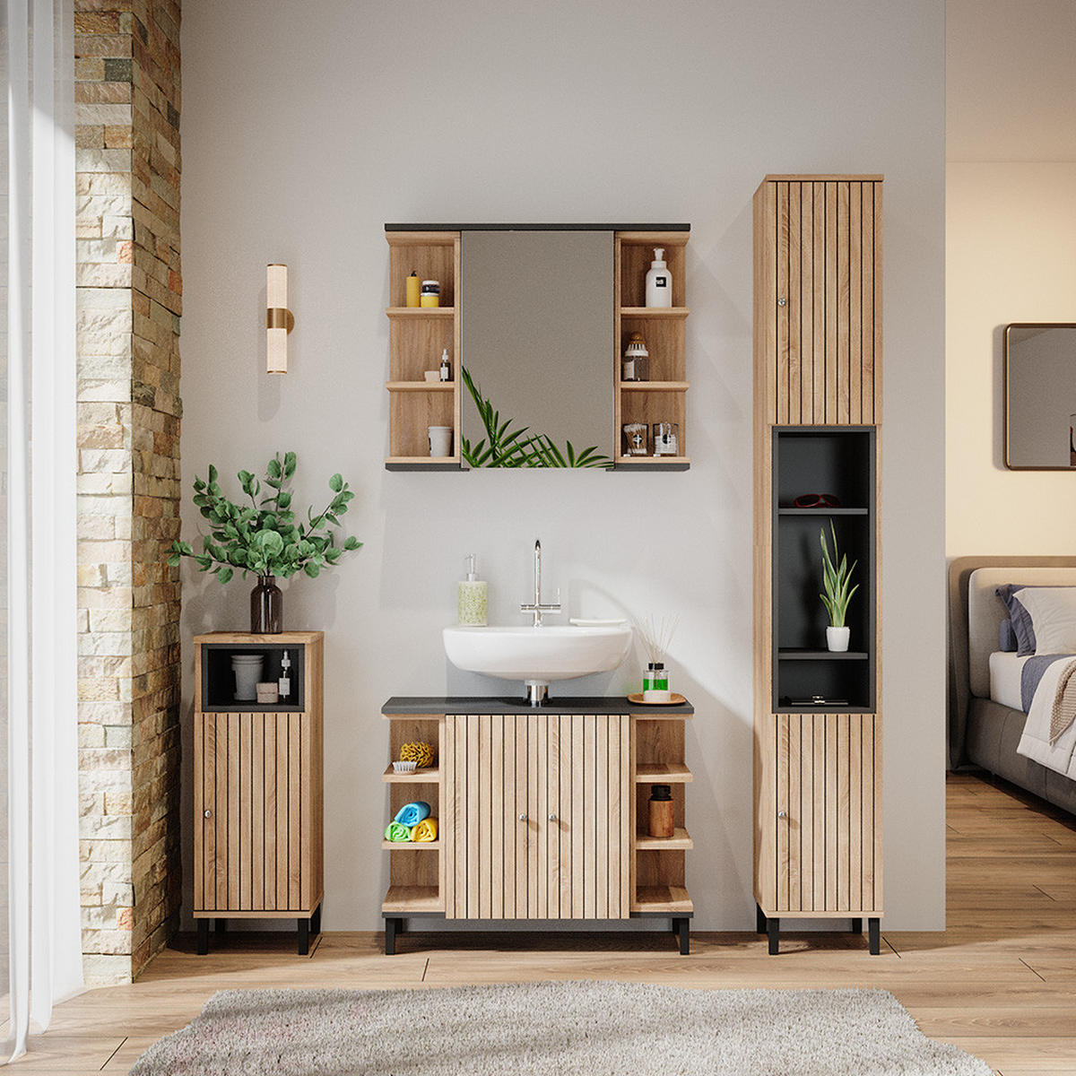 WASCHBECKENUNTERSCHRANK Aquis Sonoma 79.6 x 64 cm mit 2 Türen - Anthrazit/Sonoma Eiche, Holzwerkstoff (79.6/64/32cm) - Vicco
