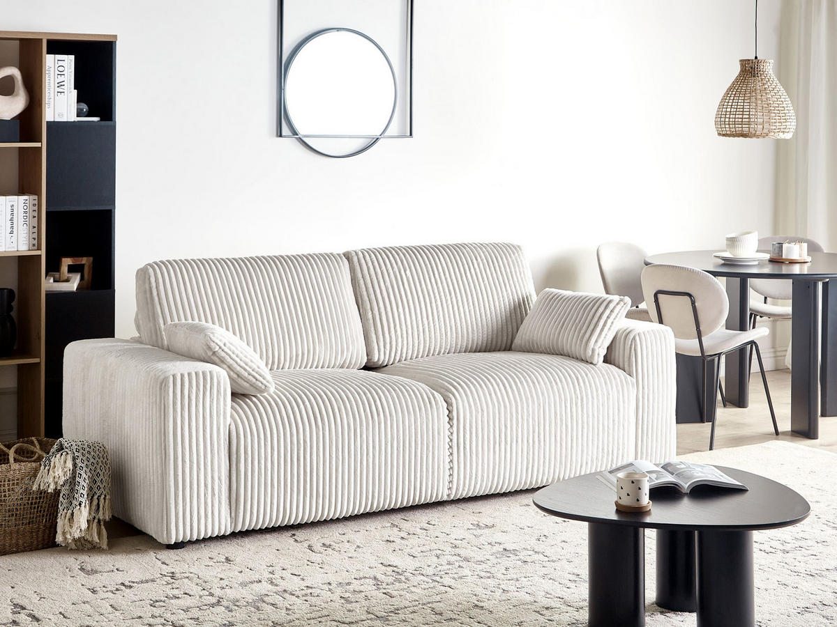 3-SITZER-SOFA Cord Cremeweiß Sandora - Creme, Textil (216/87/98cm) - Beliani