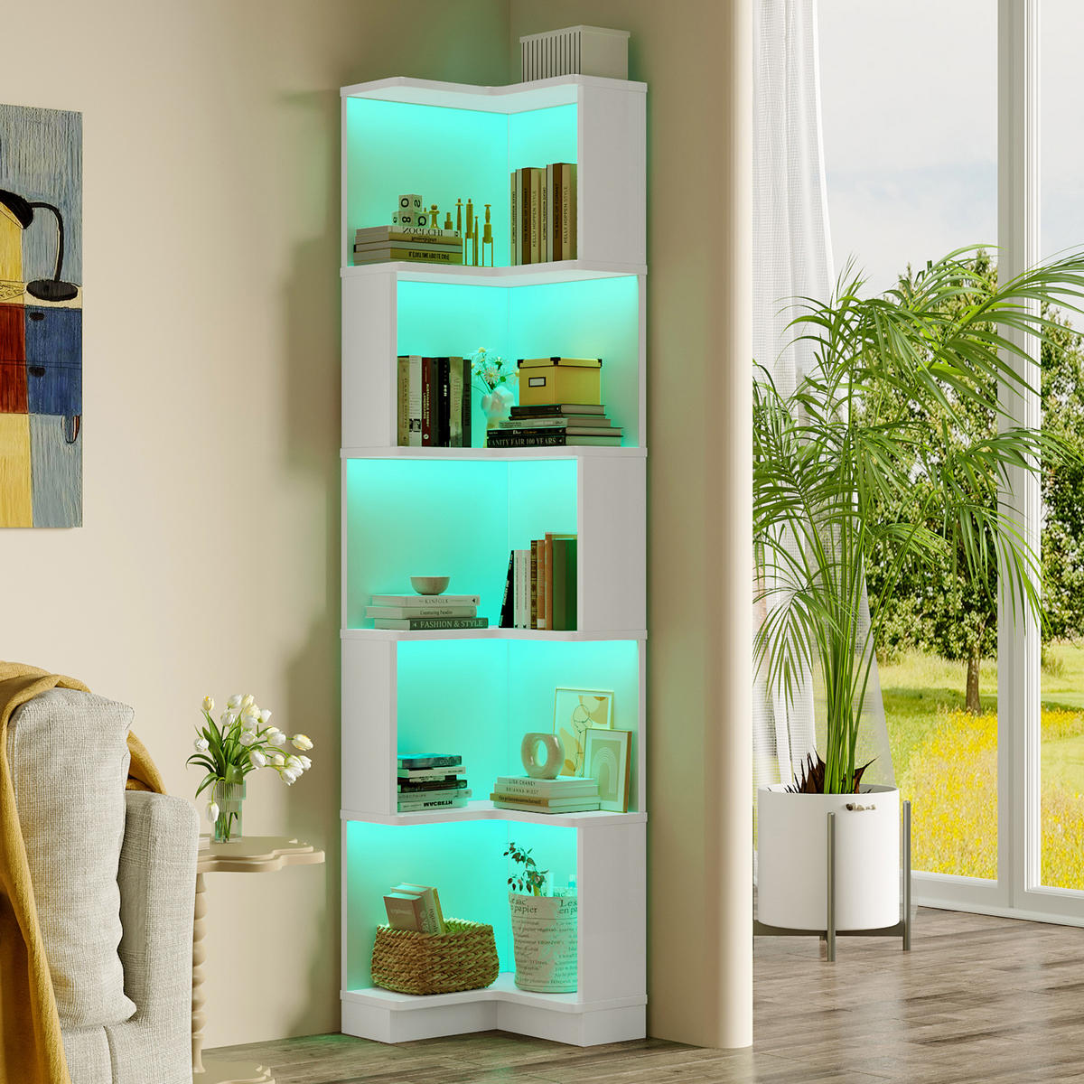 BÜCHERREGAL in Weiß mit LED für Arbeitszimmer und Büro, B63.5/T45/H175 cm - Weiß, Holzwerkstoff (63.5/175/45cm) - STILVORA