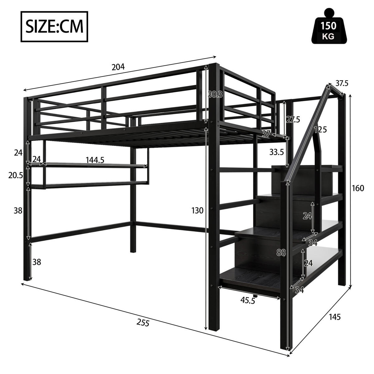 HOCHBETT 140/200 cm mit Stauraumleiter, Regalfächern, Geländer und Metallgestell, Schwarz - Schwarz, Metall (140/200cm) - Redom