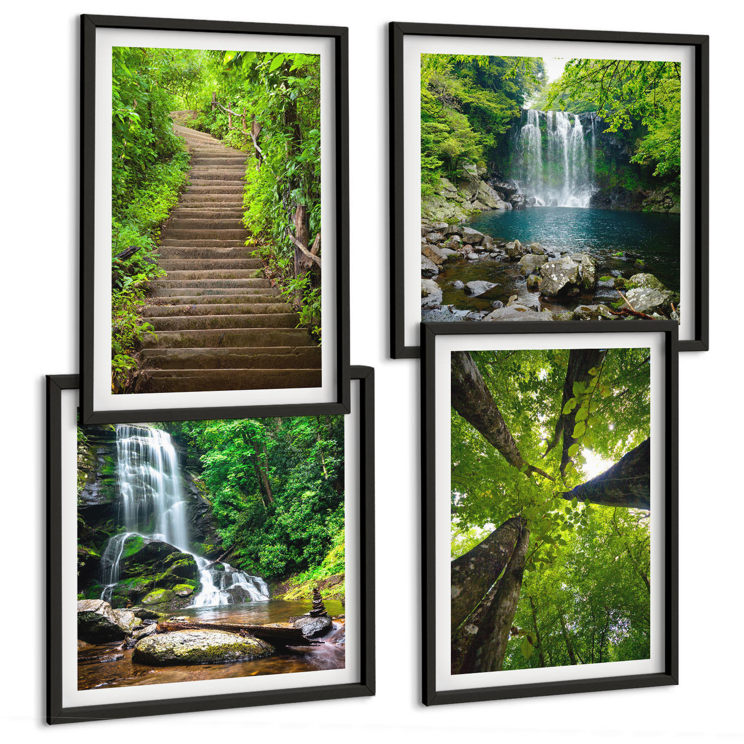 BILDER SET 4er Set - 50x50 cm & 40x60 cm Schwarzer Rahmen - Pfad Wald Wasserfall Vegetation - Schwarz, Kunststoff (50/50cm) - TULUP