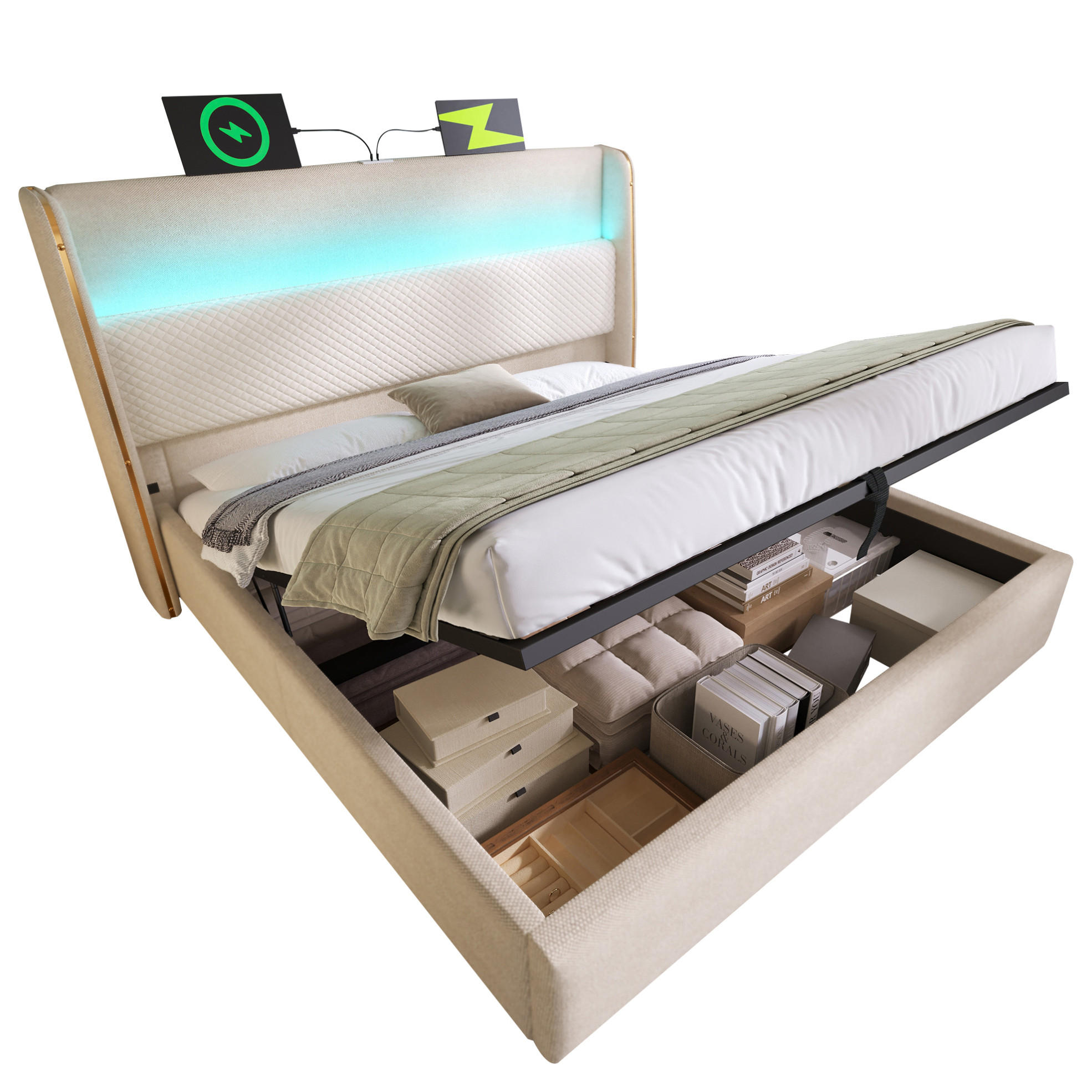 ČALÚNENÁ posteľ 160/200 cm s LED osvetlením, USB/Type-C nabíjacou stanicou a hydraulickým úložným priestorom, Béžová - béžová, textil (160/200cm) - Redom