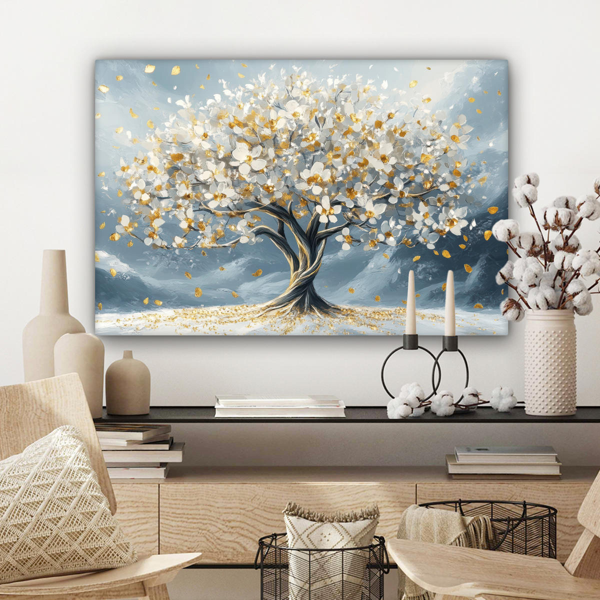 LEINWANDBILD Baum - Winter - Baum des Lebens - Modern - Gold Wanddeko 90x60 cm - Goldfarben, Textil (90/60cm) - MuchoWow