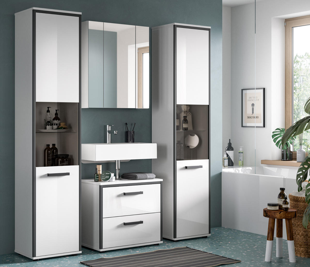 BADMÖBEL-SET 4-teilig Set weiß Hochglanz, grau, Badezimmermöbel mit viel Stauraum - Weiß Hochglanz/Schwarz, Glas/Holzwerkstoff (170/188/37.5cm) - Inn.Furn