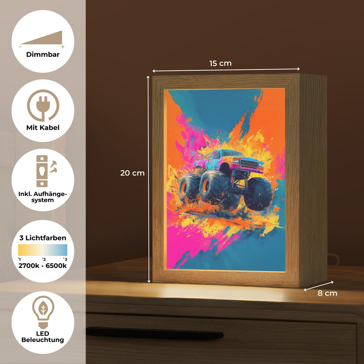 NÁSTĚNNÁ LAMPA Monster truck - Abstraktní - Stříkající barva - Barevné 15x20 cm - růžová, kompozitní dřevo (15/20/8cm) - OnlyWow