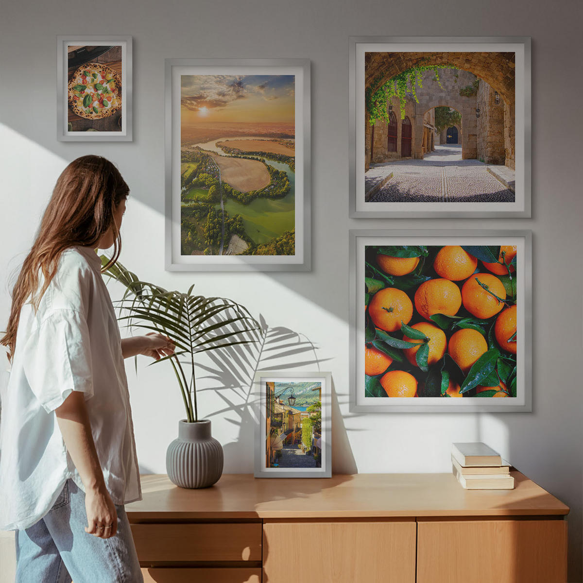 BILDER SET 5er Set - 50x50 cm & 20x30 cm & 40x60 cm Silberner Rahmen - Charmante Straßen mit Steinen - Silberfarben, Kunststoff (40/60cm) - TULUP