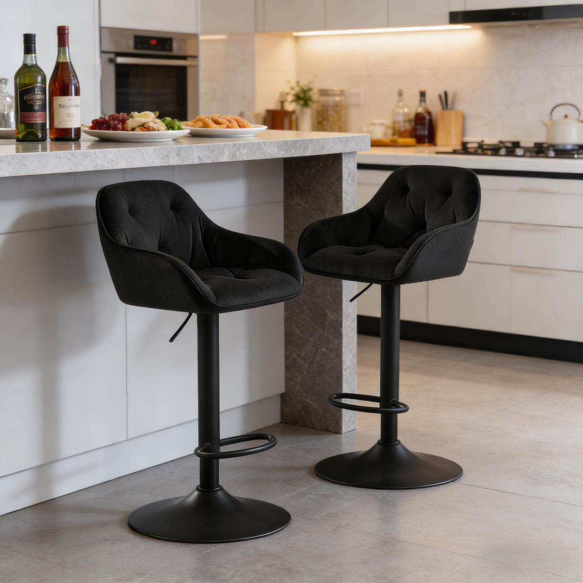 BARHOCKER 2er-Set Schwarz aus Samt höhenverstellbar & drehbar - Schwarz, Metall (37.5/108.5/37cm) - PANGIVO