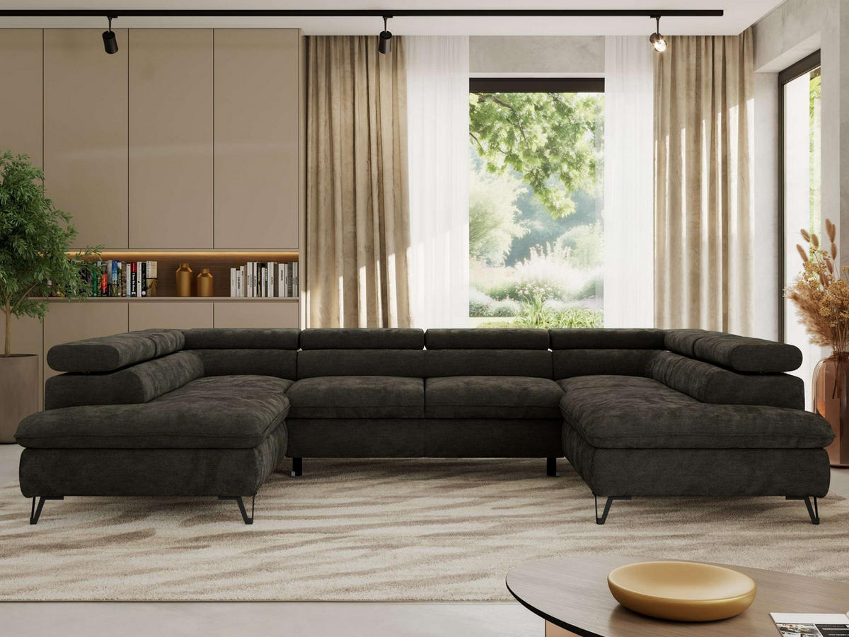 WOHNLANDSCHAFT PABLO U Schenille glatt Dunkelgrau mit Topper Visco - Dunkelgrau/Schwarz, Textil/Metall (346/76/208cm) - MKS