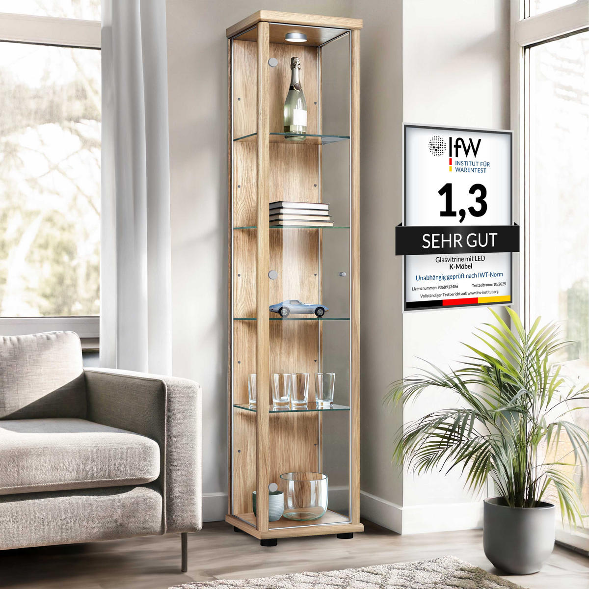 GLASVITRINE 33/37/176 cm mit LED & 4 höhenverstellbaren Glasböden - Transparent/Silberfarben, Glas/Holzwerkstoff (37/176/33cm) - K-Möbel