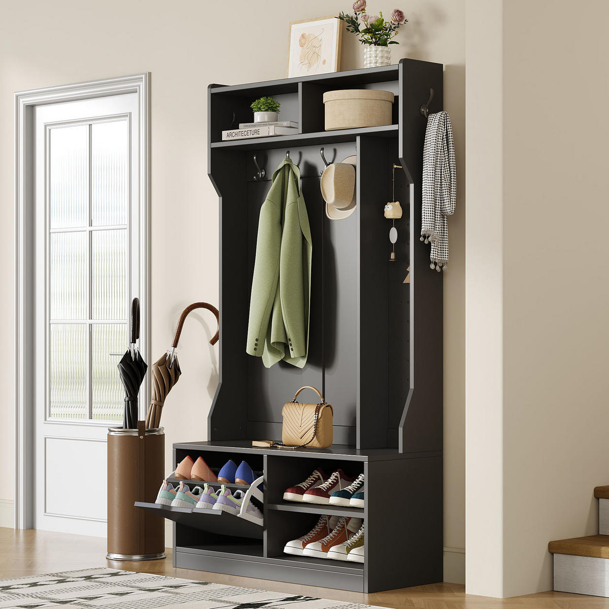GARDEROBENSET Flurgarderobe mit Sitzbank 6 Haken Schwarz 100x40x185.5cm - Schwarz, Holzwerkstoff (185.4/40/100cm) - FLIEKS