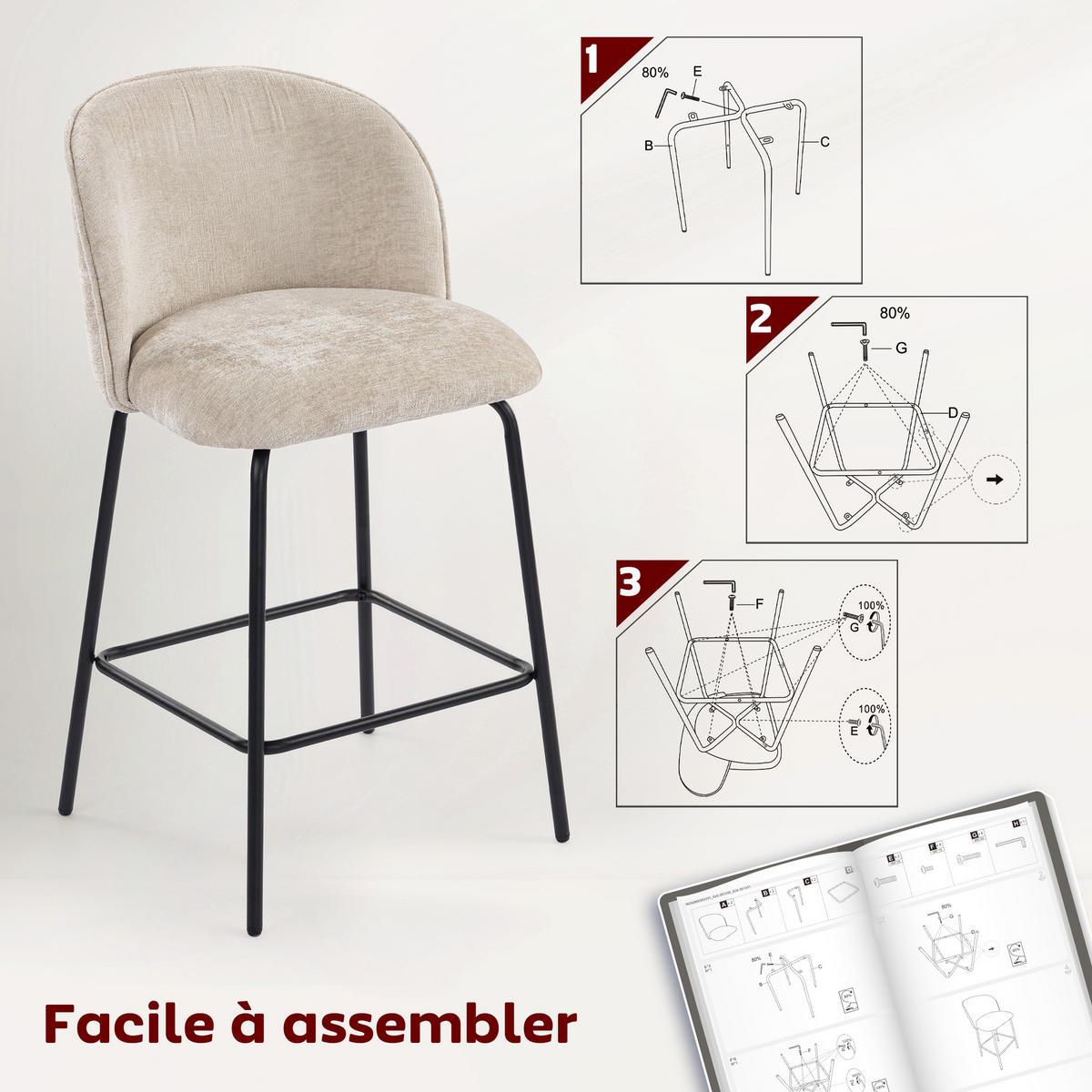 BARHOCKER 4er-Set DE-14820 mit Korbgeflecht-Rückenlehne & Fußstütze Gelb - Beige, Metall (50/93/55cm) - ComfortXL