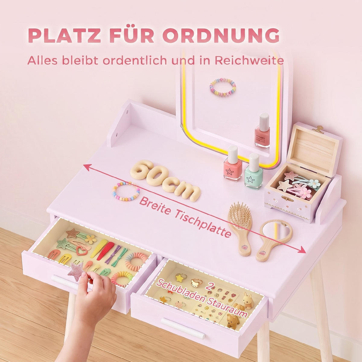 KINDER-SCHMINKTISCH-SET MDF Kiefernholz 2er Set Rosa - Weiß/Rosa, Holz/Holzwerkstoff (36/100/60cm) - AIYAPLAY