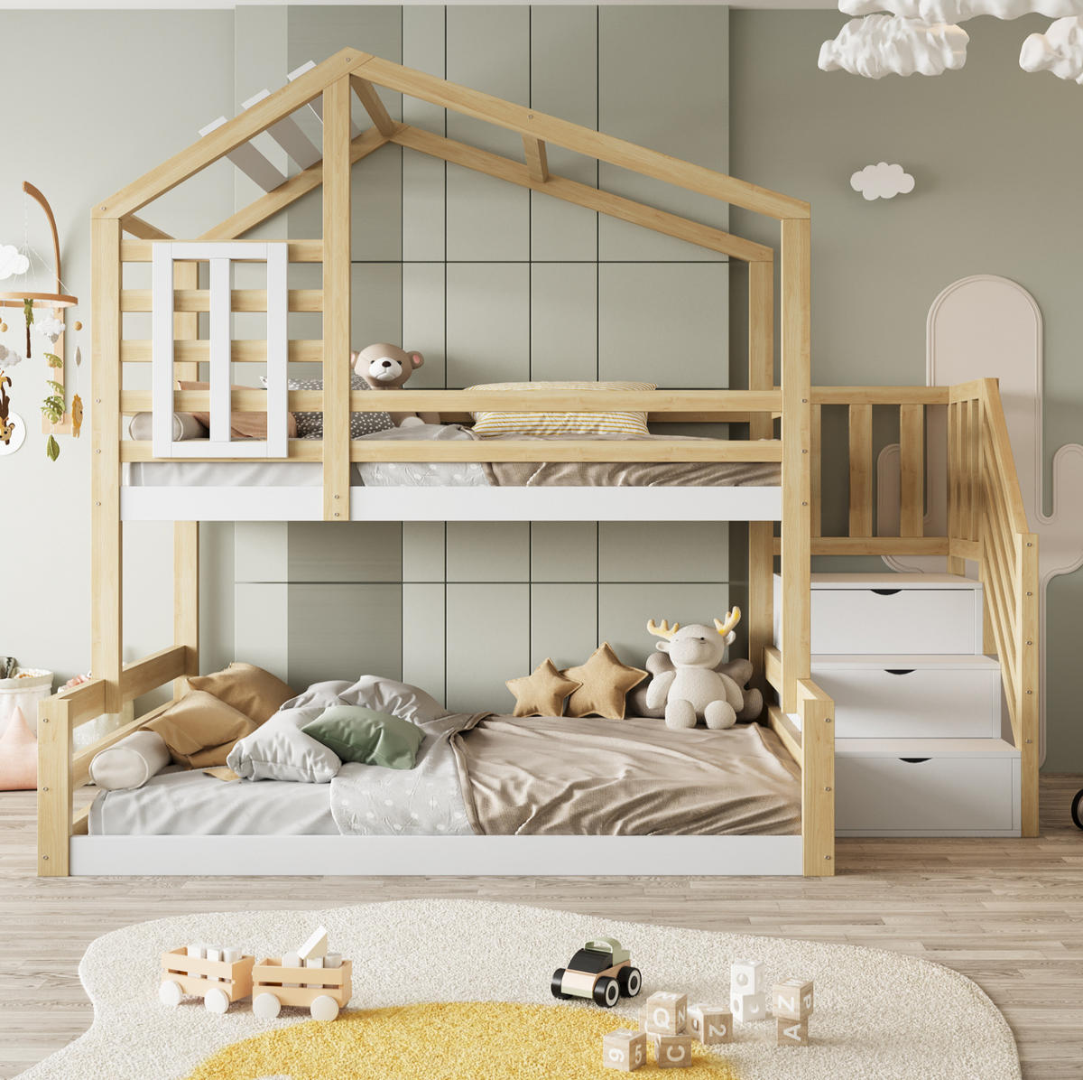 ETAGENBETT aus Kiefernholz und MDF Natur mit Stauraumtreppe, Hausdesign und Fenstern - Naturfarben, Holz (90/200cm) - IVMEU