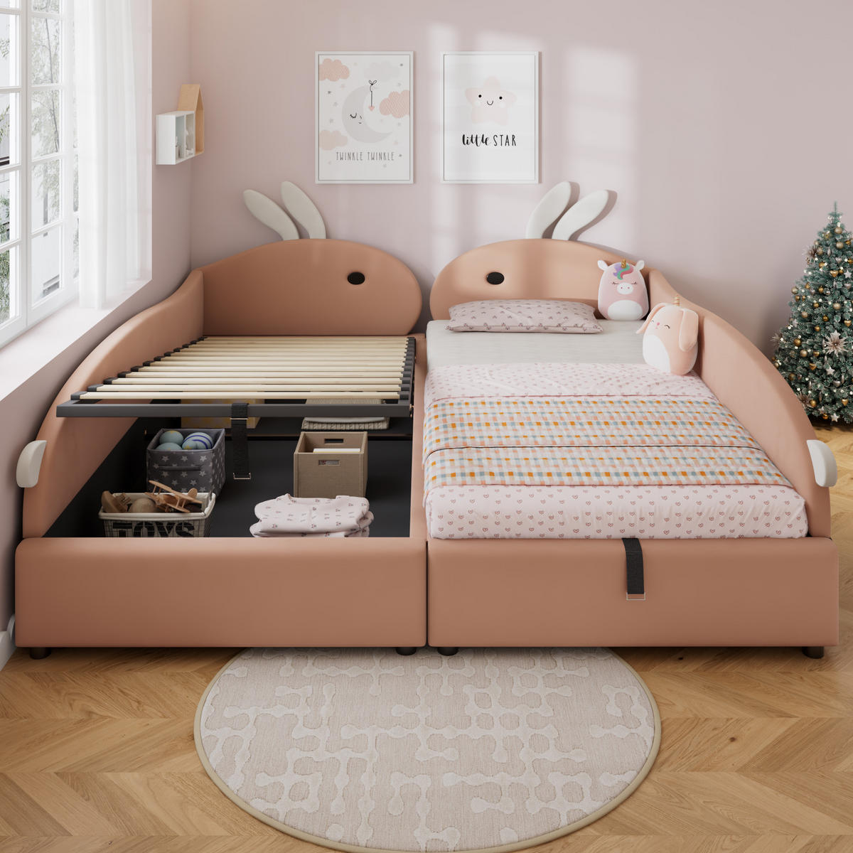 POLSTERBETT 90/200 cm Rosa + Weiß mit Häschen-Kopfteil und hydraulischem Stauraum aus Samt - Dunkelrosa, Textil (90/200cm) - OKWISH