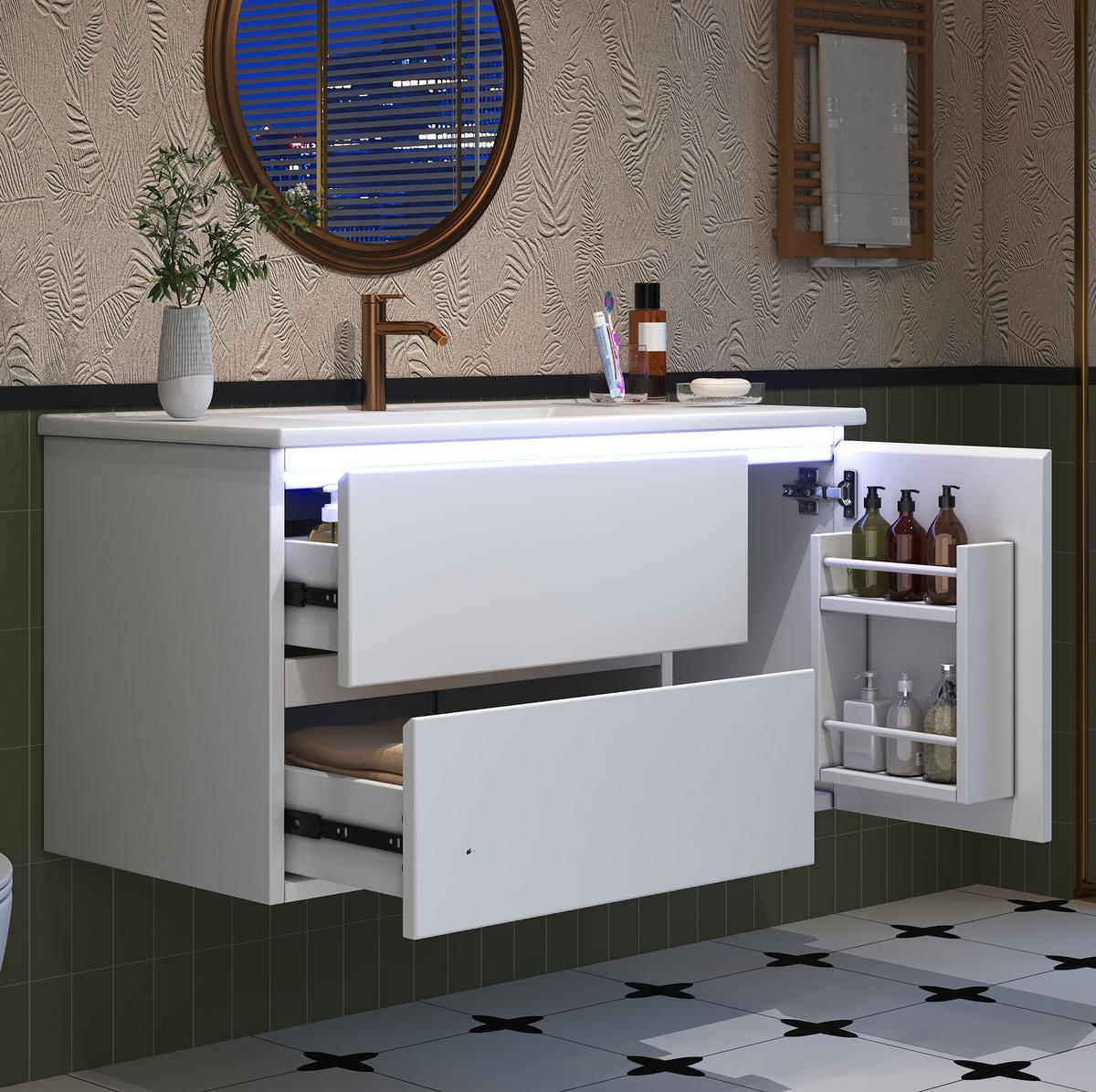 WASCHTISCHUNTERSCHRANK 91x46.5x50.5 cm Weiß aus Keramik & Spanplatte mit Radarsensor-LED & 2 Schubladen - Weiß, Holzwerkstoff (91/50.5/46.5cm) - Modfu