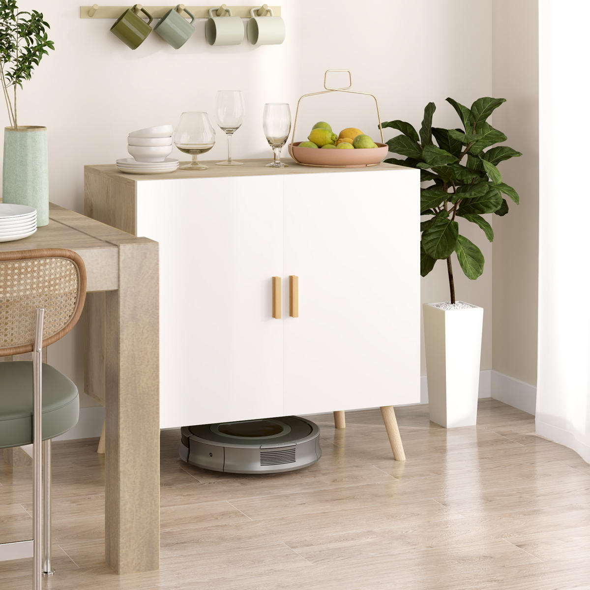 SIDEBOARD Weiß-Natur, Bambusgriffe, 76/41,2/74 cm - Naturfarben, Holz (76/74/41.2cm) - PANGIVO